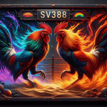 two colorful roosters are standing next to each other with a sign above them that says sv388