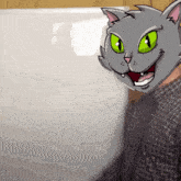 a man in a plaid shirt has a cat mask on his head