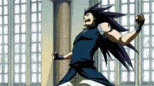 a man with purple hair is jumping in the air in front of a window
