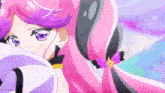 a girl with pink and purple hair has a purple star in her hair