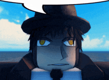 a cartoon character wearing a hat and tie with a speech bubble over his head