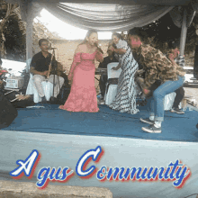 a poster for agus community features a woman singing on stage
