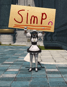 a woman in a maid outfit holds a sign that says simp