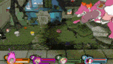 a video game is being played and a pink monster is flying in the air