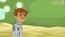 a cartoon character from bravest warriors stands in front of a green cube