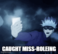 a cartoon character is taking a selfie with the words caught miss-roleing .