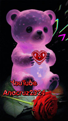 a pink teddy bear holding a heart next to a red rose with youtube anacruz23234 on the bottom