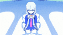 a girl with long white hair sits in a chair holding a cup