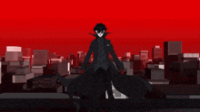 a man in a black jacket with red stripes on the sleeves is looking up at the sky