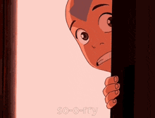 a cartoon character is peeking out from behind a door and says `` so-o-rry '' .
