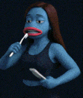 a woman with blue skin is brushing her teeth and holding a cell phone .