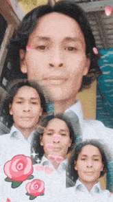 a man 's face is surrounded by pink roses and hearts