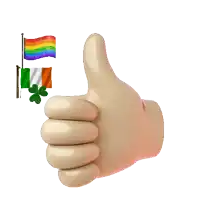 a hand is giving a thumbs up with a rainbow flag and an irish flag behind it