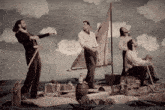 a group of men are on a raft in the water