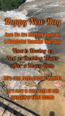 a picture of a waterfall with the words happy new day on it