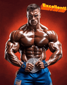 a very muscular man is holding a medal and the word excellent is on the bottom