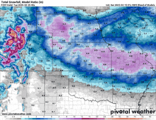 a map showing the total snowfall model ratio in the united states