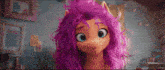 a cartoon pony with purple hair and green eyes