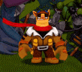 a cartoon character with a scarf around his neck is standing in the grass