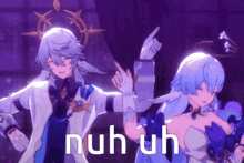 a man and a woman are dancing with the words nuh uh on the bottom right