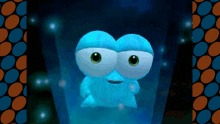 a blue cartoon character with big eyes is floating in a glass container