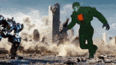 a video game scene with a robot and a man in a green suit that says " viggle.ai "