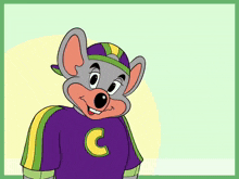 chuck e cheese is wearing a purple shirt with a yellow and green c on it