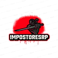 a logo for impostoresrp with a ninja holding a sword on a red background