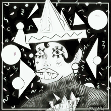 a black and white drawing of a woman wearing a turtleneck sweater and a hat with geometric shapes surrounding her