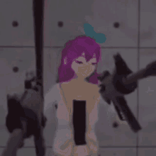 a cartoon girl with purple hair is holding a gun in a room .
