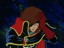 a cartoon character with a skull and crossbones on his coat