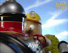 a teddy bear wearing a hard hat is driving a train with the words aye written on the bottom