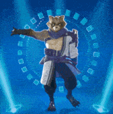a raccoon in a purple and white outfit is dancing on a blue background