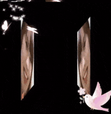a woman 's face is shown with a bird and flowers