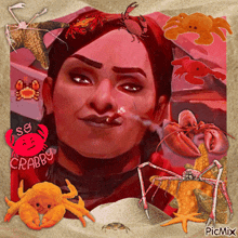 a picture of a woman surrounded by crabs with the caption " so crabby " on the bottom