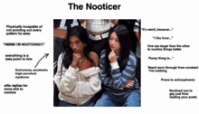two women are sitting next to each other with the words " the nooticer " on the bottom