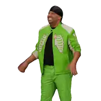 a man is wearing a green jacket with a skeleton on it