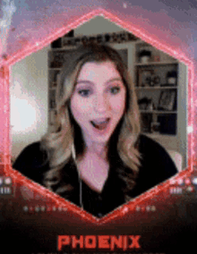 a woman in a red frame with the word phoenix on the bottom
