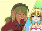 two anime girls are standing next to each other with one covering her ears with her hands