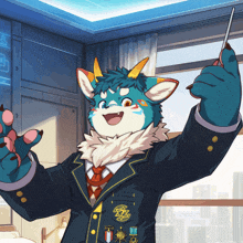 a cartoon character with horns is holding a baton and smiling