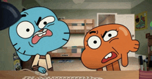 gumball and darwin from the amazing world of gumball sitting at a desk