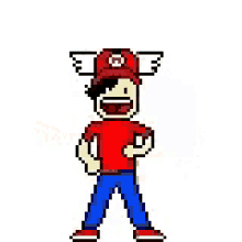 a pixel art of a boy wearing a red shirt and blue pants with wings on his hat .