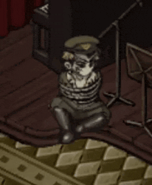 a cartoon character in a military uniform is tied up and sitting on the floor .
