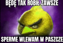 a picture of an angry bird with a purple background and a caption in another language .