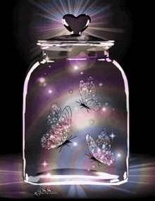 three butterflies are in a glass jar with a heart shaped top