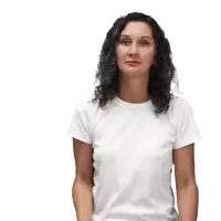 a woman wearing a white t-shirt is pointing to her chest