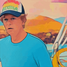 a man wearing a blue shirt and aloha hat