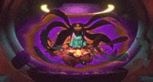 a cartoon of a woman sitting on a pumpkin with a purple background