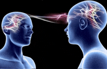 a drawing of two people 's heads with light coming out of their brains