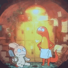a cartoon of a lizard standing next to a rabbit with a backpack